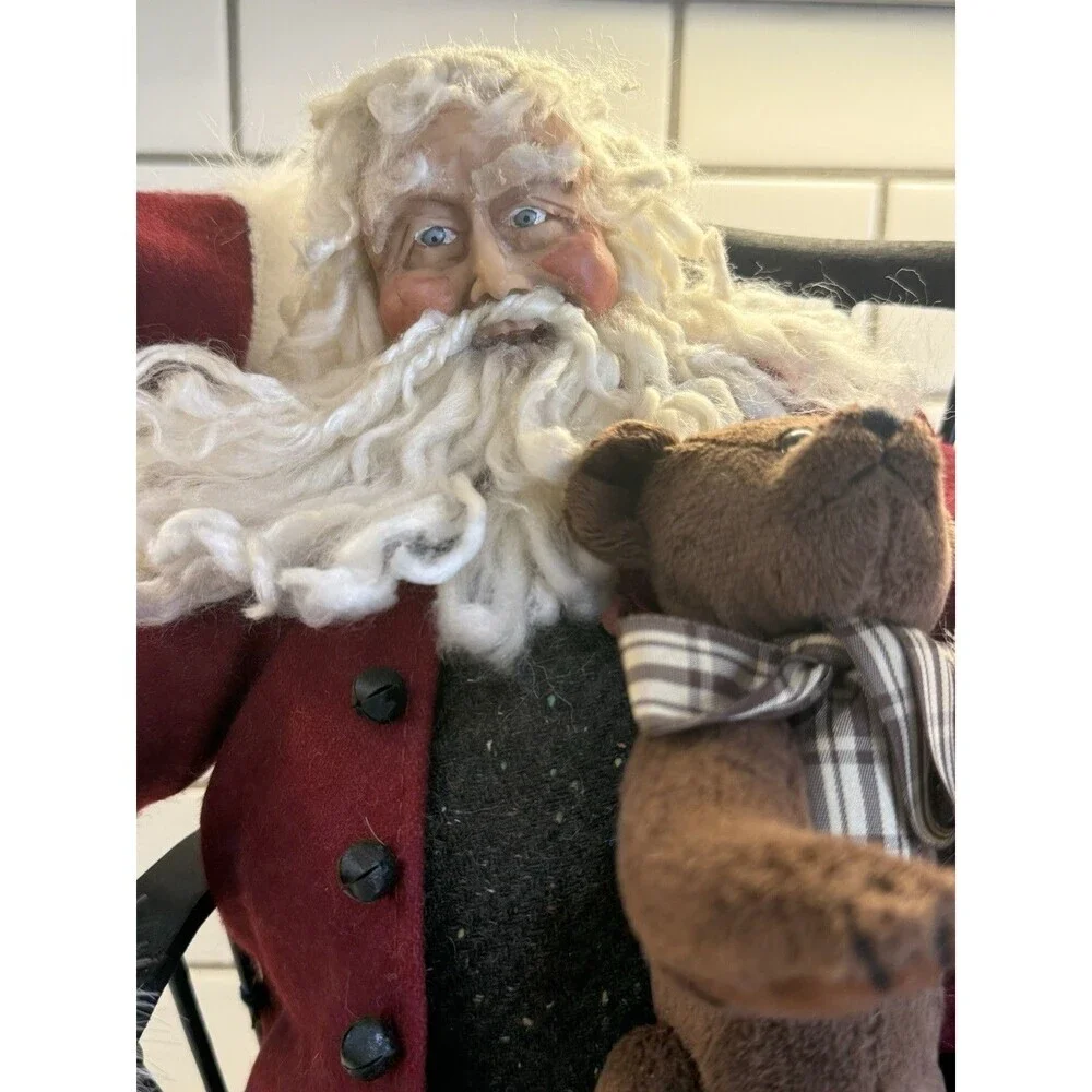 Santa Sitting In Wooden Chair Teddy Bear And Bag Decor Figurine 15